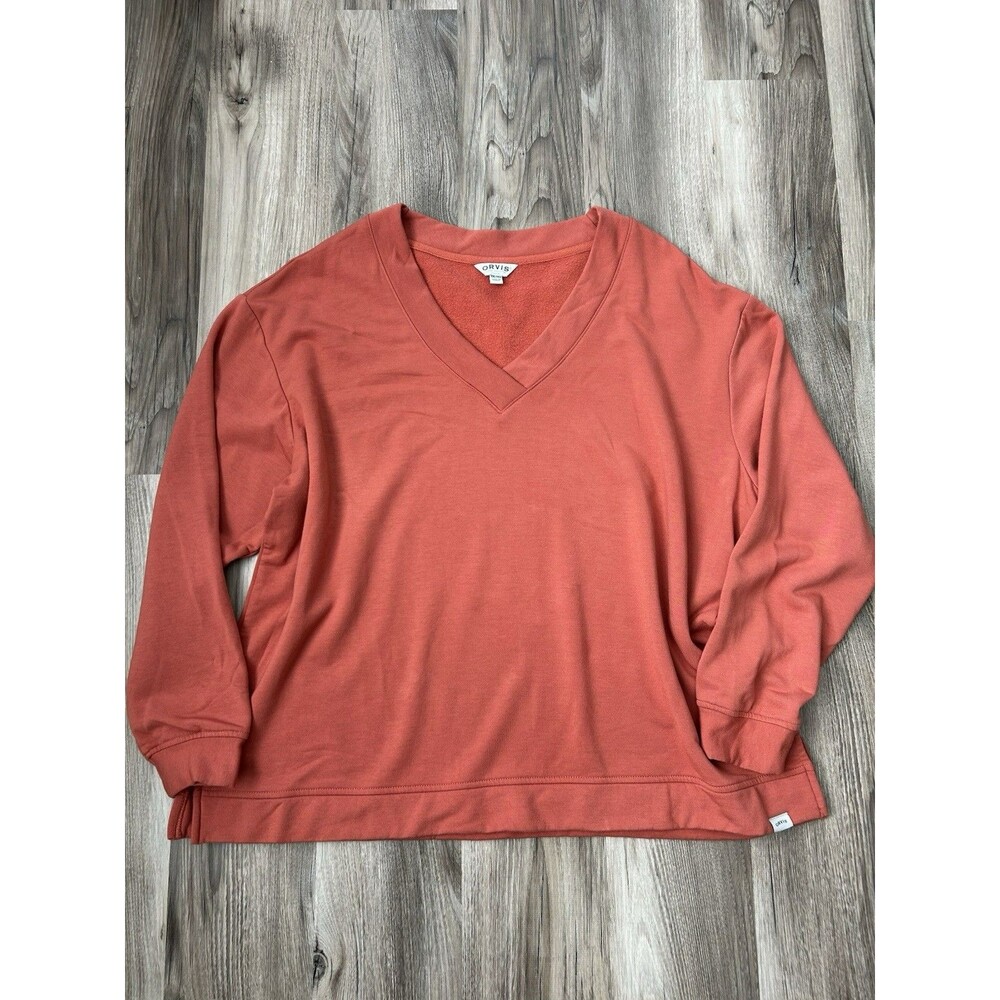 Orvis V-Neck Fleece Sweatshirt Terracotta Rust Soft Modal Pullover Womens XXL
